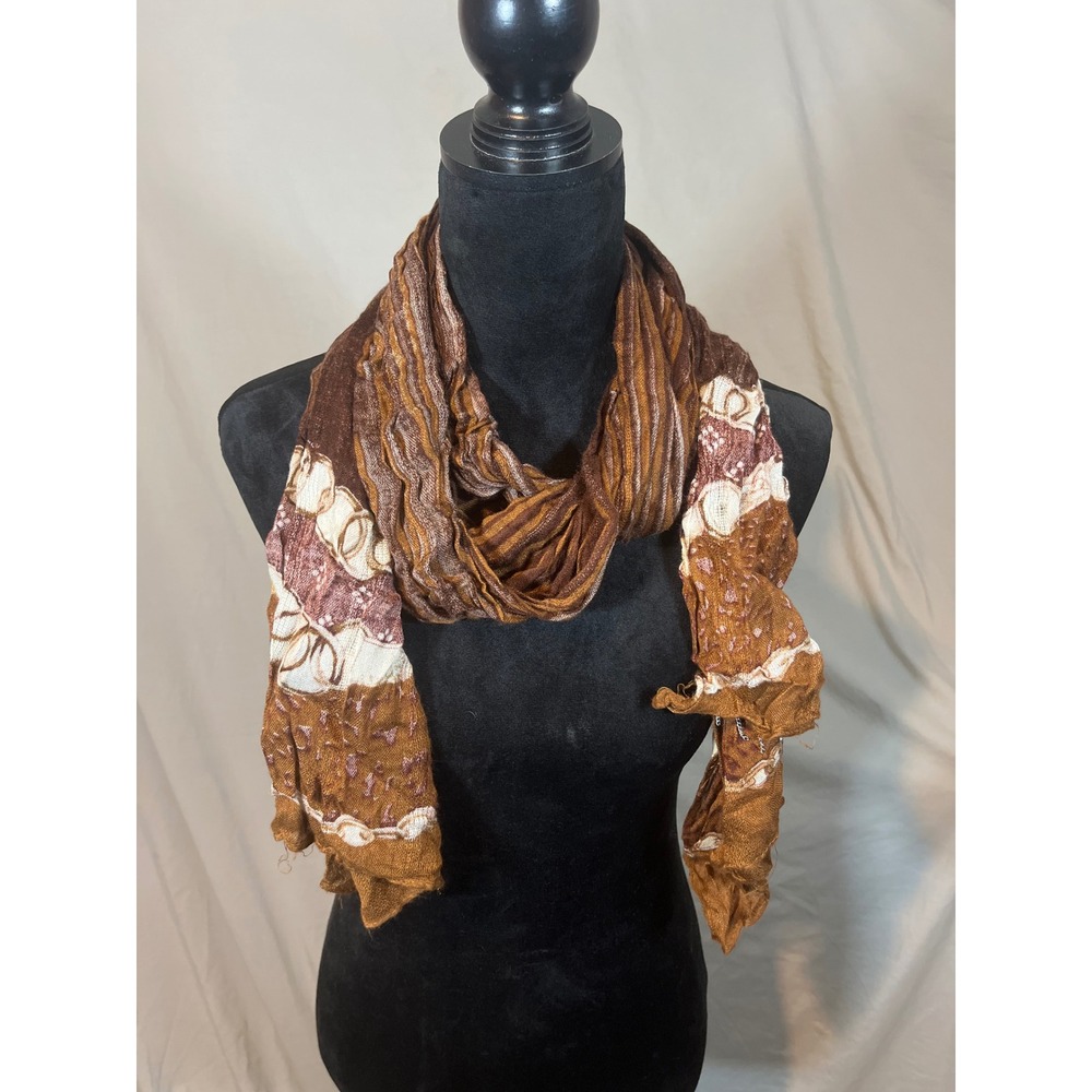 Brown Earth Tone Crinkle Scarf Abstract Stripe Boho Lightweight Wrap